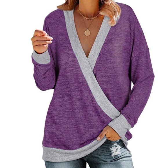 Wrap Top Women’s XL Purple Pink Gray Deep V Neck Color Block Long Sleeve Stretch - Picture 7 of 7